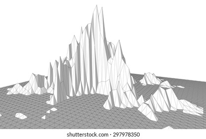Vector illustration of a three-dimensional wireframe landscape consisting of triangular polygons