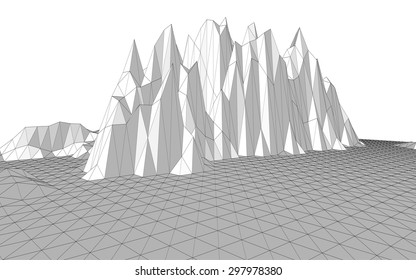 Vector illustration of a three-dimensional wireframe landscape consisting of triangular polygons