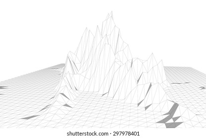 Vector illustration of a three-dimensional wireframe landscape consisting of triangular polygons