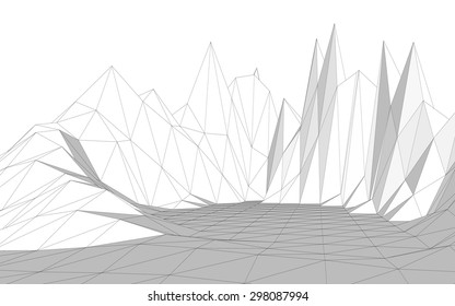 Vector illustration of a three-dimensional wireframe landscape consisting of triangular polygons