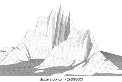 Vector illustration of a three-dimensional wireframe landscape consisting of triangular polygons