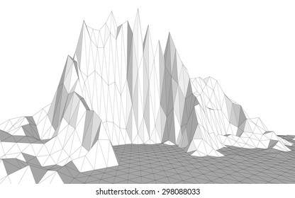 Vector illustration of a three-dimensional wireframe landscape consisting of triangular polygons