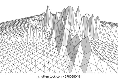 Vector illustration of a three-dimensional wireframe landscape consisting of triangular polygons