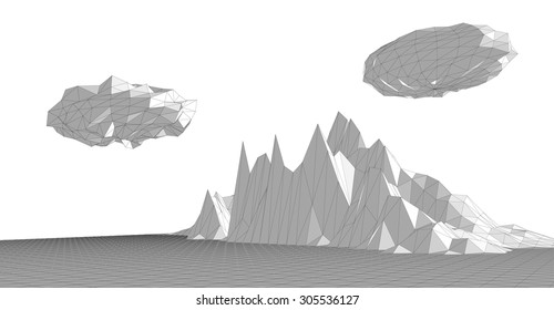 Vector illustration of a three-dimensional wireframe landscape with an abstract clouds composed of triangular polygons