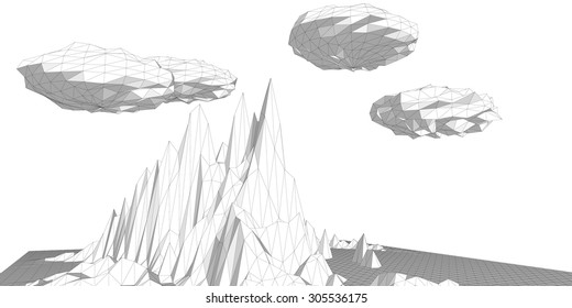 Vector illustration of a three-dimensional wireframe landscape with an abstract clouds composed of triangular polygons