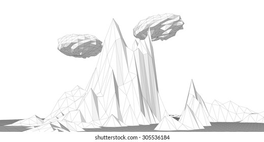 Vector illustration of a three-dimensional wireframe landscape with an abstract clouds composed of triangular polygons
