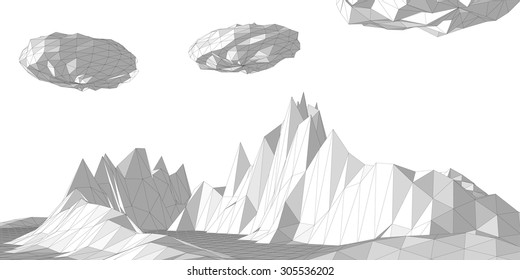 Ilustración vectorial de un paisaje de armazón alambre tridimensional con nubes abstractas compuestas de polígonos triangulares