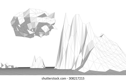 Vector illustration of a three-dimensional wireframe landscape with an abstract clouds composed of triangular polygons