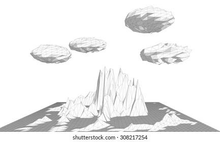 Vector illustration of a three-dimensional wireframe landscape with an abstract clouds composed of triangular polygons