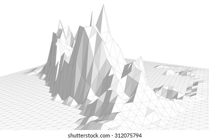 Vector illustration of a three-dimensional wireframe landscape composed of triangular polygons