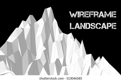 Vector illustration of a three-dimensional wireframe landscape consisting of triangular polygons