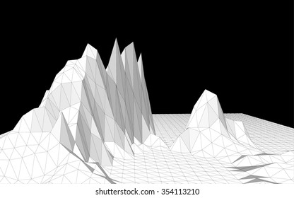Vector illustration of a three-dimensional wireframe landscape on a black background