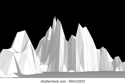 Vector illustration of a three-dimensional wireframe landscape on a black background