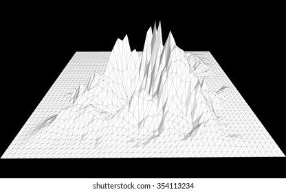Vector illustration of a three-dimensional wireframe landscape on a black background