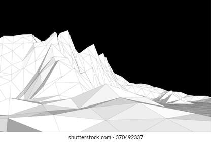 Vector illustration of a three-dimensional wireframe landscape on a black background