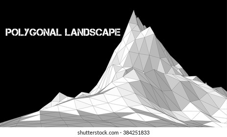Vector illustration of a three-dimensional wireframe landscape on a black background