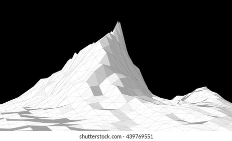Vector illustration of a three-dimensional wireframe landscape on a black background
