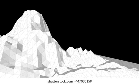Vector illustration of a three-dimensional wireframe landscape on a black background