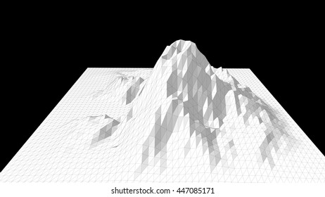 Vector illustration of a three-dimensional wireframe landscape on a black background