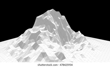 Vector illustration of a three-dimensional wireframe landscape on a black background. Abstract mountain in low polygonal style