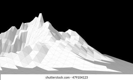 Vector illustration of a three-dimensional wireframe landscape on a black background. Abstract mountain in low polygonal style