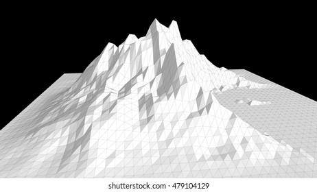 Vector illustration of a three-dimensional wireframe landscape on a black background. Abstract mountain in low polygonal style