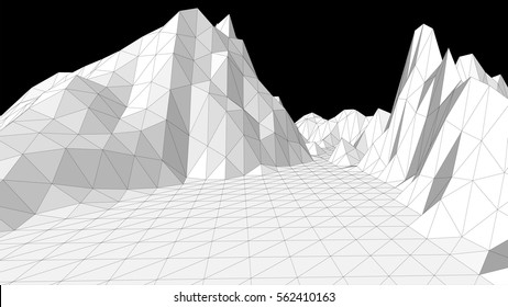 Vector illustration of a three-dimensional wireframe landscape on a black background. Abstract mountain in low polygonal style