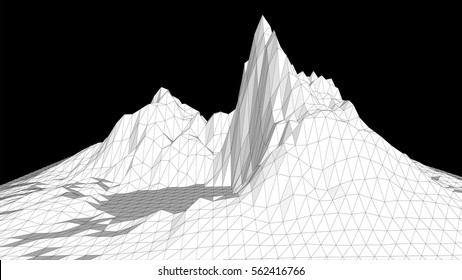 Vector illustration of a three-dimensional wireframe landscape on a black background. Abstract mountain in low polygonal style