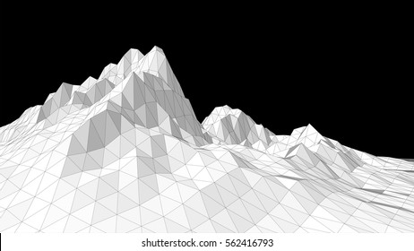 Vector Illustration Of A Three-dimensional Wireframe Landscape On A Black Background. Abstract Mountain In Low Polygonal Style