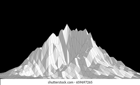 Vector illustration of a three-dimensional wireframe landscape on a black background. Abstract mountain in low polygonal style