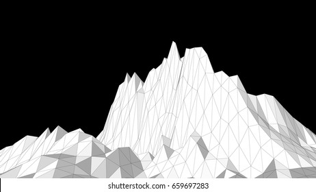 Vector illustration of a three-dimensional wireframe landscape on a black background. Abstract mountain in low polygonal style