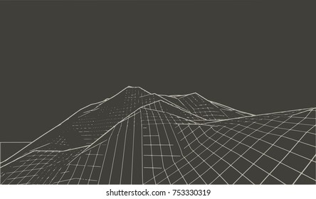 Vector illustration of a three-dimensional wireframe landscape on a black background. Abstract mountain in low polygonal style
