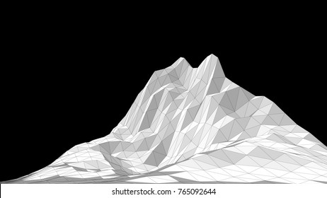 Vector illustration of a three-dimensional wireframe landscape on a black background. Abstract mountain in low polygonal style