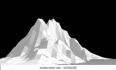 Vector illustration of a three-dimensional wireframe landscape on a black background. Abstract mountain in low polygonal style