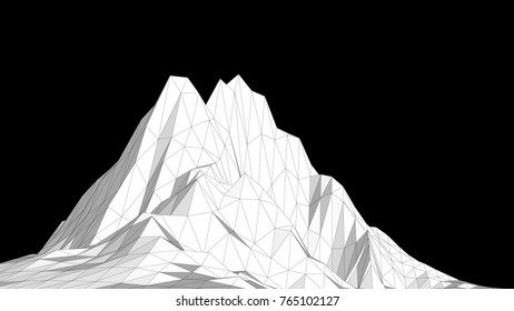 Vector illustration of a three-dimensional wireframe landscape on a black background. Abstract mountain in low polygonal style