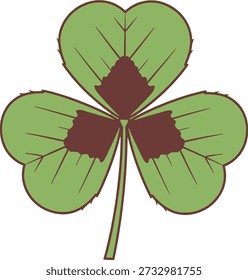 Vektorgrafik eines dreiblättrigen Kleeblattes mit markanten dunklen Flecken, inspiriert von Medicago arabica (Fleckenkrankheit). Sauberes botanisches Design einzeln auf weißem Hintergrund, geeignet für Naturgrafiken, Ökoprojekte, Bildung, Glückssymbole und dekorative Illustrationen.