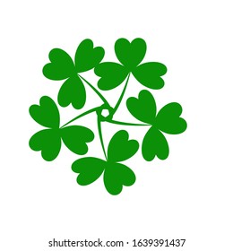 Vector illustration of three-leaf clover leaves for St. Patrick’s day isolated on white background with space for runaround or wraparound text 