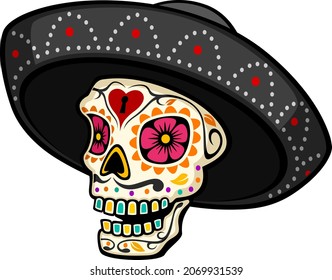 Vector illustration of a three-quarter view cartoon sugar skull wearing a black sombrero hat.