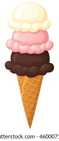 Vector illustration of a three-scoop ice cream cone.