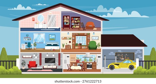 Vector illustration of a three-story house cutout. Cartoon landscape scene with suburban house, modern interiors: garage with car, living room, kitchen, children's room, study workspace, library.