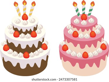 Vector illustration of a three-tiered cake with lots of strawberries