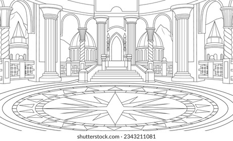 Vector illustration, throne room in a fantasy castle in the mountains, book coloring