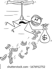 Vector Illustration  Throwing Money Away, Using Quantitative Easing or Helicopter Money During Recession