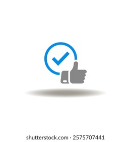 Vector illustration of thumb up with check mark. Icon of opinion. Pictogram of assessment, evaluation, feedback. Symbol of positive attitude and approach.