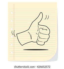 Vector illustration of thumb up doodle image drawn on note paper, isolated on white