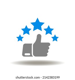 Vector illustration of thumb up with five stars. Icon of client satisfaction. Symbol of feedback. Sign of customer experience.