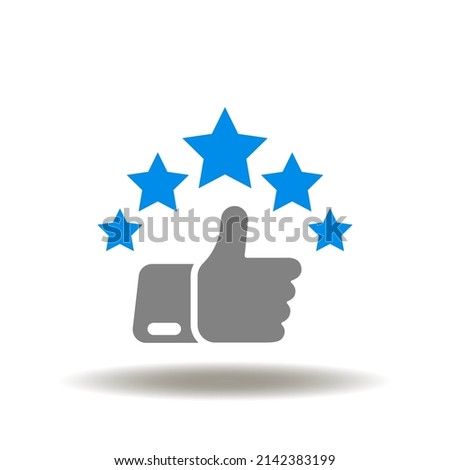 Vector illustration of thumb up with five stars. Icon of client satisfaction. Symbol of feedback. Sign of customer experience.