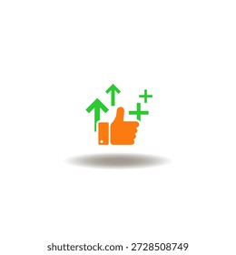 Ilustración vectorial del pulgar hacia arriba con signos de más y flechas hacia arriba. Icono de la promoción. Símbolo de mérito.