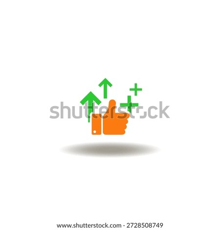 Vector illustration of thumb up with plus signs and arrows up. Icon of promotion. Symbol of merit.