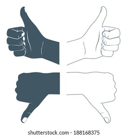 Vector Illustration of Thumbs up and down. Drawn by hands icons. Flat style